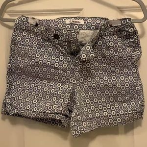 High rise blue and white geometrical print shorts